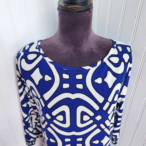 Laundry By Design Dress Womens Blue White Geo Print Stretch 3/4 Sleeve Sz 4 - Picture 3 of 10